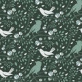 Seamless pattern of spring birds in branches leaves and flo