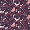 Seamless pattern of spring birds in branches leaves and flo