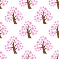 Seamless pattern spring blossom cherry tree with flower isolated on white background. Vector flat illustration. Royalty Free Stock Photo