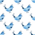 Seamless pattern with Spring Easter birds. Painted Easter eggs in blue