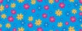 Seamless pattern Spring flower,Vintage Design in 1970s with Seamless flower Orange,Yellow,Pink floral s on Blue background,60s,70s Royalty Free Stock Photo