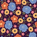 Seamless pattern spring flowers. Hand drawn decorative floral background. Summer meadow bouquet, yellow blue and orange Royalty Free Stock Photo