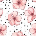 Seamless pattern spring flowers and random black dots. Delicate cherry blossoms, pink sakura. Royalty Free Stock Photo