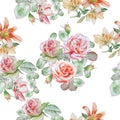 Seamless pattern with spring flowers. Rose. Tulip. Lilia. Watercolor.