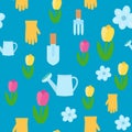 Seamless pattern spring flowers tulips, watering can, spatula, rake and glove. Ornament for textiles, packaging.