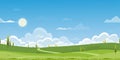 Seamless pattern Spring green fields landscape with mountain,blue sky and cloud background,Endless banner vector cartoon Panorama Royalty Free Stock Photo