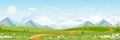 Seamless pattern Spring green fields landscape with mountain, blue sky and clouds background,Endless rural nature in springtime Royalty Free Stock Photo