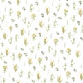 Seamless pattern with spring herbs close-up. grass primrose in the style of realism drawing. modern sketch, template for design