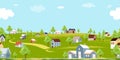 Seamless pattern Spring Landscape Village House on Green fields,Mountain,Blue Sky and Clouds Background,Horizon peaceful rural Royalty Free Stock Photo