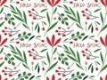 Seamless pattern with Spring Plant doodle sketch set. Red pink green Flowers, branches, grass on white background. Hand Royalty Free Stock Photo