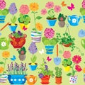 Seamless pattern with spring and summer flowers in pots.