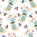 Seamless pattern for spring and summer with wellies boots, ladybug. Royalty Free Stock Photo