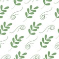 Seamless pattern of spring twigs with small leaves and curly decorative elements in trendy green