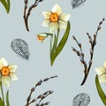 Seamless pattern. Spring watercolor illustration with flowers daffodils, branches willow and feather. Flowers with stem