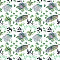 Seamless pattern spring watercolor set: umbrella, flower, green leaves, sneakers, bird swallow, sprout, lettering word