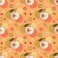 Seamless pattern with sprinkled apples and simple geometric shapes in circles on a orange background.