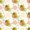 Seamless pattern with sprinkled pears and simple geometric shapes in circles on a white background.