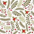 Seamless pattern with spruce branches, leafs and berries.