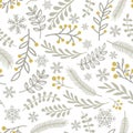 Seamless pattern with spruce branches, leafs, snowflakes and berries. Winter pattern. Christmas packaging, textiles, wallpaper.