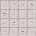 Seamless pattern with square intersections, cup of warm drink and milk jug