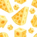 Seamless pattern of square and triangular slices of yellow cheese in vector. Swiss cheese background. Edam slice porous yellow Royalty Free Stock Photo