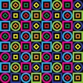 Seamless pattern. Squares, circles, diamonds on a black background. Vector. Royalty Free Stock Photo