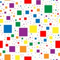 Seamless pattern with squares in colors of LGBT flag. Colorful rainbow pixels of different sizes on a white background. Gay,