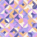 Seamless pattern of squares and rhombuses chaotically painted in blue grey, blue purple, mauve, cream and apricot colors