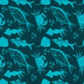 Seamless pattern with squid, bream fish, stingray and king crab Royalty Free Stock Photo