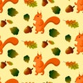 Seamless pattern with squirrel, autumn leaves and acorns. Royalty Free Stock Photo