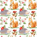 Seamless pattern of a squirrel,hedgehog,berry,mushroom, and hazelnuts.Watercolor Royalty Free Stock Photo