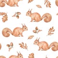 Seamless pattern with Squirrel, leaves and acorn. Woodland animals. Autumn background. Endless Hand drawn watercolor