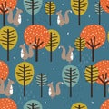 Colorful seamless pattern, squirrels and trees. Decorative cute background with animals