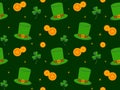 Seamless pattern for St. Patrick's Day on green background, Irish background, green clover and shamrock, spring. Royalty Free Stock Photo