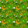 Seamless pattern of St. Patrick\'s Day with leprechaun hat, pot of gold, leprechaun boots and clover leaf elements on white Royalty Free Stock Photo