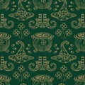 Seamless pattern of St. Patricks Day symbols. Leprechaun top hat, gold cauldron, shoes with buckles, feet in striped