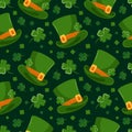 Seamless pattern of St. Patricks Day symbols. Leprechauns, top hat, Cartoon characters. Four-leaf clover. Good luck Royalty Free Stock Photo