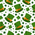 Seamless pattern of St. Patricks Day symbols. Leprechauns, top hat, Cartoon characters. Four-leaf clover. Good luck Royalty Free Stock Photo