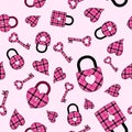 Seamless pattern for St. Valentine. Decorative locks and keys with pink buffalo plaid background on seamless pattern