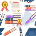 Seamless pattern. Stack of books with golden medal, diploma. Flat vector illustration. Web site page and mobile app design. Online Royalty Free Stock Photo