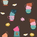 Seamless pattern with stacks of retro tea cups and daisy Royalty Free Stock Photo