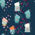 Seamless pattern with stacks of retro tea cups and flowers on blue Royalty Free Stock Photo