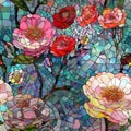 Seamless pattern with stained-glass mosaic roses flowers on blue background. Generative AI Royalty Free Stock Photo