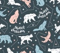 Seamless pattern with star animals. Vector hipster background with star sky.