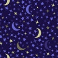 Seamless pattern with star and moon in dark sky. Cosmos stars on dark blue background for kids, children, toddlers. Cute kids