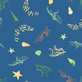 Seamless pattern with starfish, corals, pearls and seashells. Vector background with marine theme. Royalty Free Stock Photo