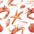 Seamless Pattern With Starfish, Crab, Shells. Nautical Background For Wallpaper. Watercolor Illustration