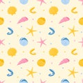 Seamless pattern with starfish, nautilus, seashells and pearls. Marine animals. Vector illustration in a flat cartoon style on a Royalty Free Stock Photo