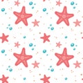 Seamless pattern with starfish, sand, water drops is in doodle style. Vector kids illustration. Flat design.