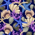 Seamless pattern with starfishes, shells and coral. Vector trendy print.